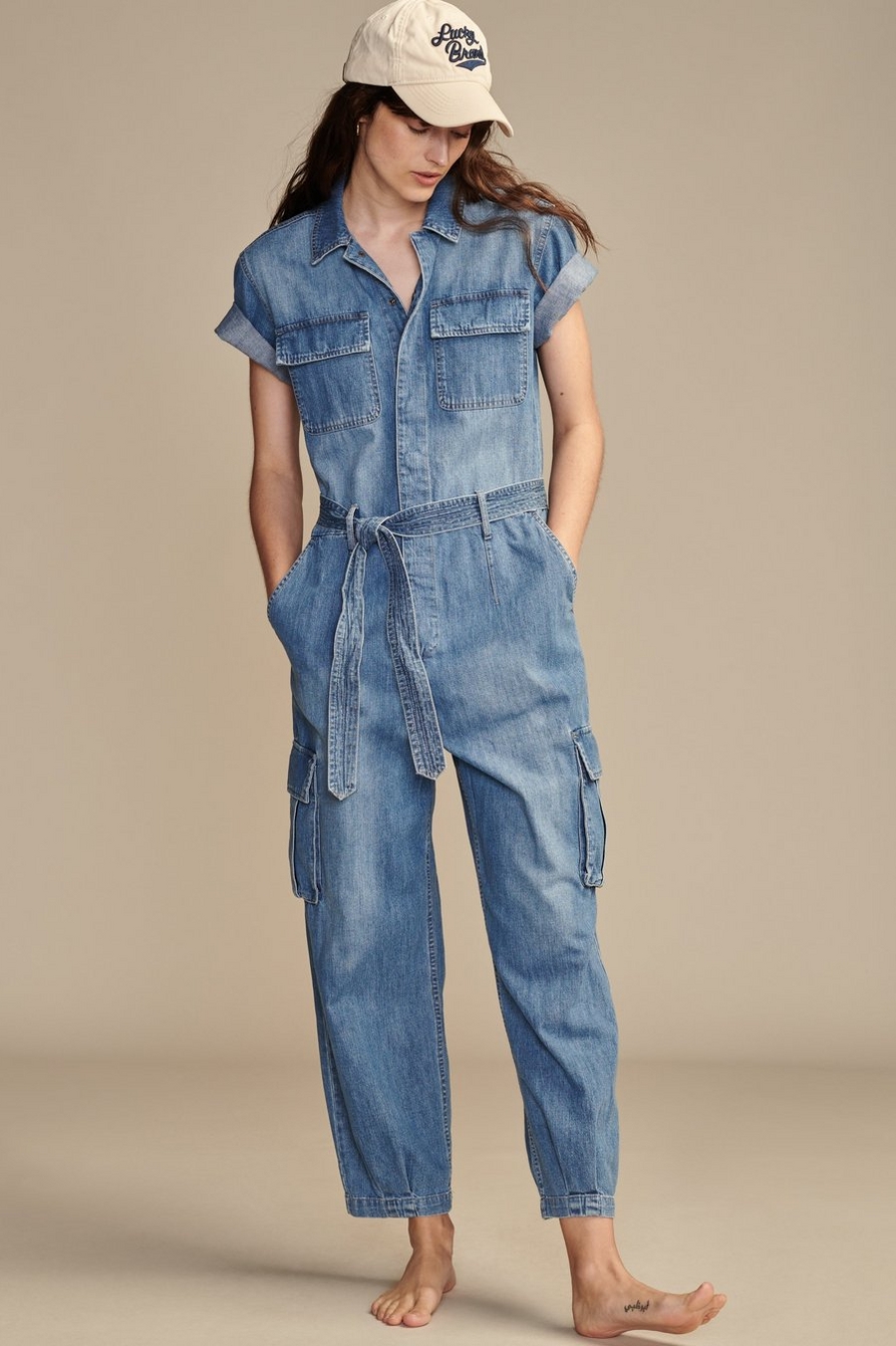 denim short sleeve utility jumpsuit